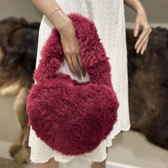 Maroon Handmade Dyed Genuine Shearling Heart Shaped & Fur Strap Bag, Crossbody - Picture 3 of 16